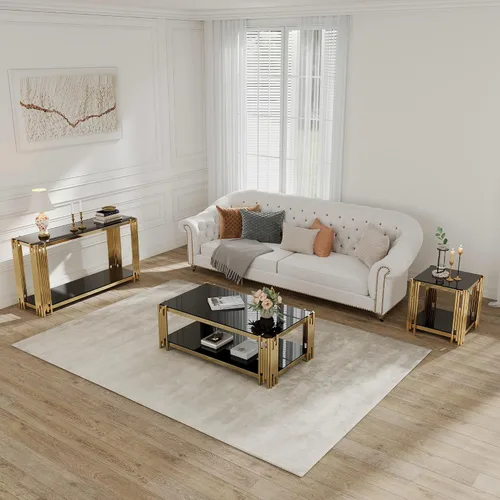 Miniatura 5 de SSLine Mesa consola moderna de lujo, mesa rectangular de cristal para entrada de pasillo, sala de estar, almacenamiento de 2 niveles, diseño