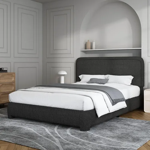 BarnFurin Base de cama tamaño Queen, marco de cama Boucle tapizado con cabecero, esquinas redondeadas suaves, no requiere somier, antideslizante y
