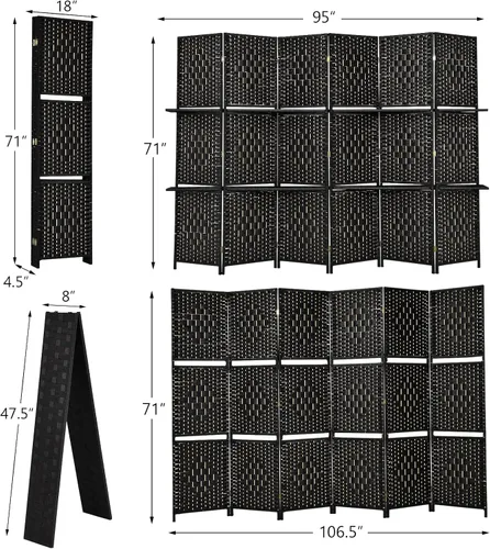 Miniatura 5 de Giantex Divisor de habitación de 6 pies y 6 paneles con estantes, pantallas de privacidad plegables de ratán tejido a mano para separación