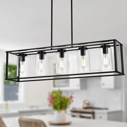 Miniatura 8 de Candelabro rústico de 1 luz con acabado dorado, moderno accesorio de iluminación colgante industrial con pantalla de vidrio transparente, lámpara