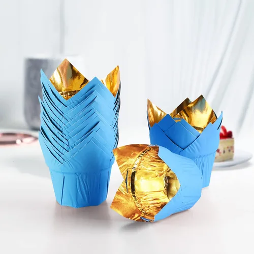Miniatura 3 de Party Hippo Gold Tulip Cupcake Forros 100 piezas de papel para hornear tazas de papel para hornear a prueba de grasa, cajas para magdalenas