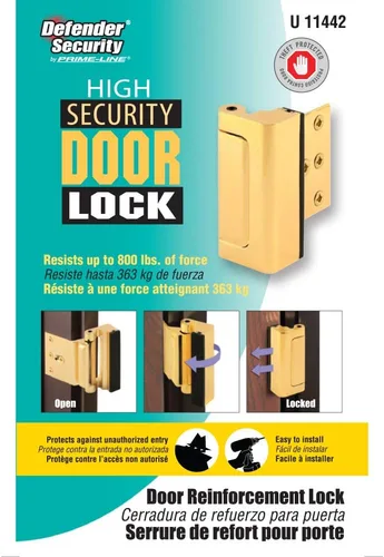 Miniatura 7 de Prime-Line U 11442 Cerradura de refuerzo de puerta – Añade alta seguridad adicional a tu hogar y evita la entrada no autorizada – Tope de 3 Latón
