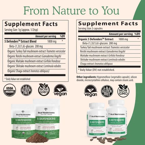 Miniatura 7 de Real Mushrooms RealBoost (60 ct), 5 defensores (90 unidades) y polvo de hongos de cola de pavo y cápsulas – Suplemento de hongos para energía