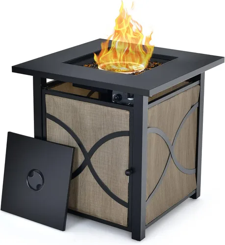 Giantex Mesa de fuego de propano de 25 pulgadas, mesa cuadrada de gas de 40000 BTU con tapa, vidrio de fuego y llama ajustable, aprobada por la CSA,