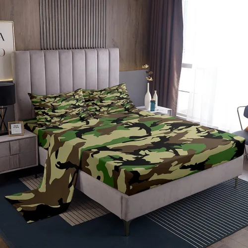 Feelyou Juego de sábanas de cama con camuflaje tamaño individual para niños y niñas, juego de ropa de cama estilo militar con bolsillos profundos de