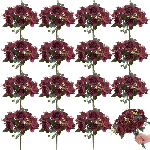 Yunlly Paquete de 16 flores artificiales de peonía sintética, ramo de peonías sintéticas, vintage, para boda, hogar, mesa, puerta, decoración Borgoña
