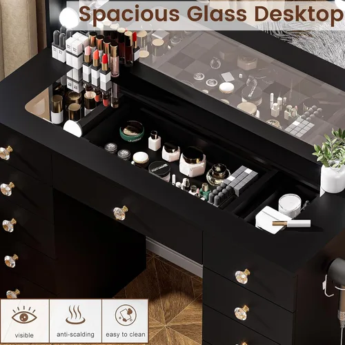 Miniatura 5 de DINGIPP Tocador de 42.1 pulgadas con espejo grande y 10 luces LED, escritorio de tocador con tope de cristal, 11 cajones con asas de cristal