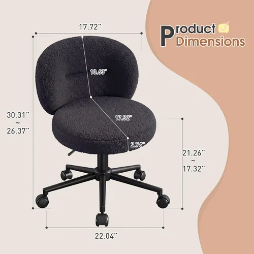 Miniatura 2 de Homkdom Silla de escritorio redonda pequeña, silla de tocador sin brazos con ruedas, altura ajustable y giratoria de 360°, bonita silla de Negro