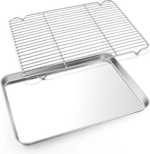 Miniatura 8 de E-far Bandeja pequeña de metal para horno tostador con juego de estante, bandeja para hornear de 9.4 x 7.3 pulgadas con rejilla de enfriamiento