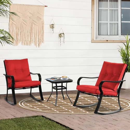 Miniatura 2 de Juego de 3 sillas mecedoras para exteriores, juego de muebles de patio, mesa de centro con tapa de vidrio y sillas de hierro negro con cojines Rojo