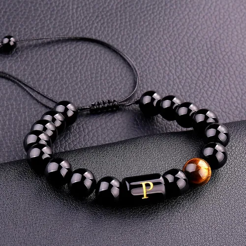 Miniatura 81 de SUMMER LOVE Regalos para el Día del Padre, pulsera con inicial de piedra de ónix negro de 0.394 pulgadas para hombres, pulsera de cuerda trenzada