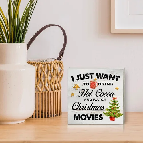 Miniatura 5 de Cartel de madera para cocina de Navidad, decoración del hogar, rústico, con texto en inglés "I Just Want to Drink Watch Christmas Movies", bandeja
