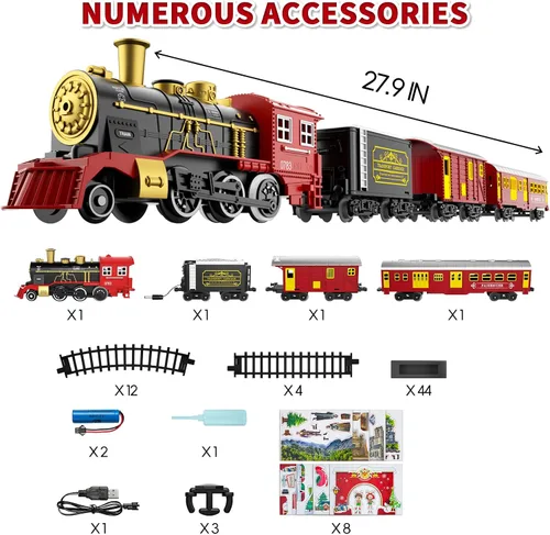 Miniatura 8 de Kukufun - Juego de tren eléctrico para niños, juguetes clásicos de tren de Navidad para niños y niñas, locomotora de vapor, motor, luces y sonido