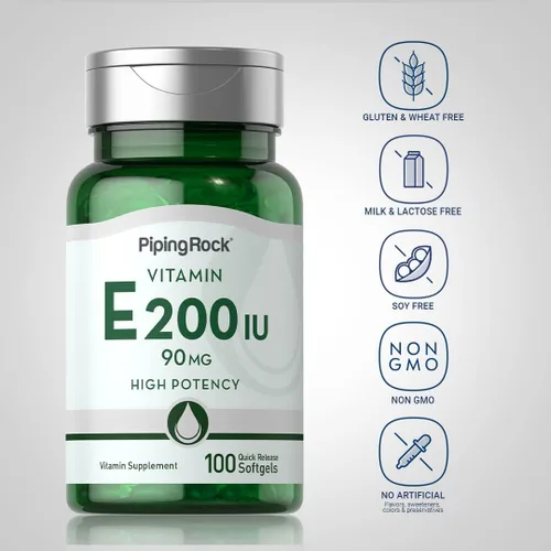 Miniatura 3 de Piping Rock Vitamina E 200 UI 90 mg 100 cápsulas de gel suave Suplemento de alta potencia Sin OMG, sin gluten