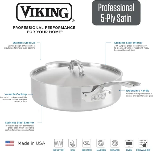 Miniatura 2 de Viking Culinary Professional - Sartén de acero inoxidable de 5 capas, 3.4 cuartos de galón, color plateado