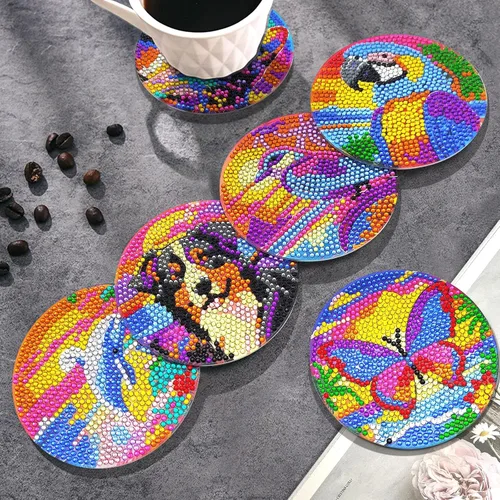 Miniatura 5 de FILASLFT Kit de posavasos de arte de diamantes con soporte, paquete de 8 diseños de animales, redondo de 3.9 pulgadas, incluye almohadillas