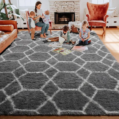 Miniatura 7 de ONASAR Alfombras de área para sala de estar y dormitorio, alfombra esponjosa lavable de 5x8 pies gris y blanca, alfombra de piso suave, afelpada