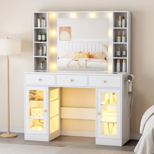 Miniatura 16 de Thacuok Tocador de maquillaje negro con espejo y luces, tocador de 34 pulgadas de ancho con estación de carga y gabinete de vidrio RGB, pequeño