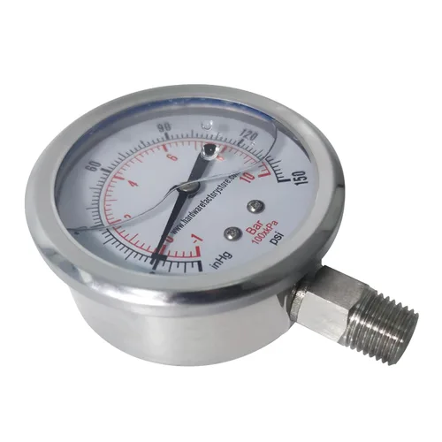 Miniatura 7 de HFS (R) -30 inHg-0-150 psi Manómetro de vacío relleno de líquido de glicerina, tamaño de dial de 2.5", montaje inferior NPT de 1/4", caja y conector
