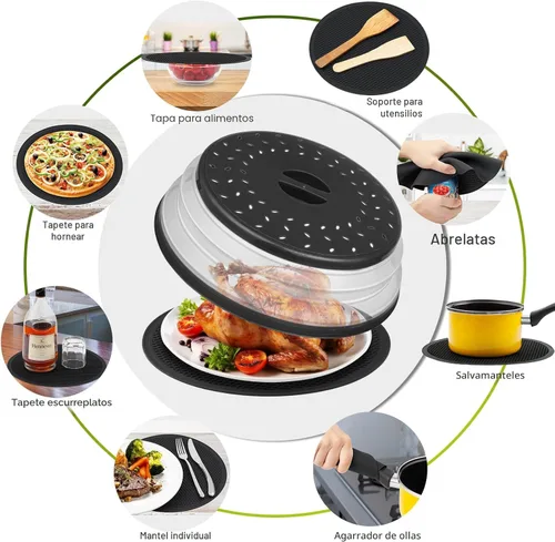 Miniatura 7 de 12" Cubierta para microondas y esterilla, tapa grande con ventilación plegable para evitar salpicaduras, placa de cocina redonda de silicona Gris