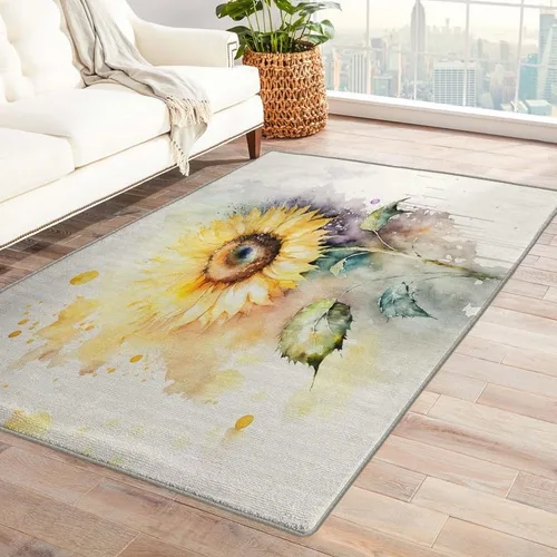 Alfombras de girasol para entrada, dormitorio, sala de estar, 2 x 3 pulgadas, pintura al óleo de plantas, lavable, antideslizante, suave, alfombra