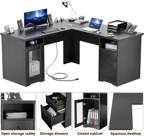Miniatura 4 de Unikito Escritorio de oficina en forma de L con cajón, escritorio para computadora de 60 pulgadas con toma de corriente y puerto de carga USB, Negro