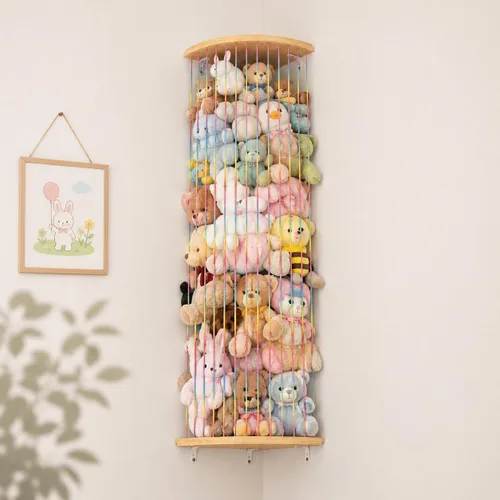 Miniatura 11 de Hamaca de almacenamiento de animales de peluche, diseño de medio círculo de madera, organizador de juguetes de felpa para decoración de habitación