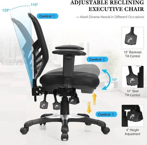Miniatura 4 de POWERSTONE Silla de oficina, silla de escritorio ergonómica de malla con altura ajustable, reposabrazos de apoyo lumbar, ruedas giratorias
