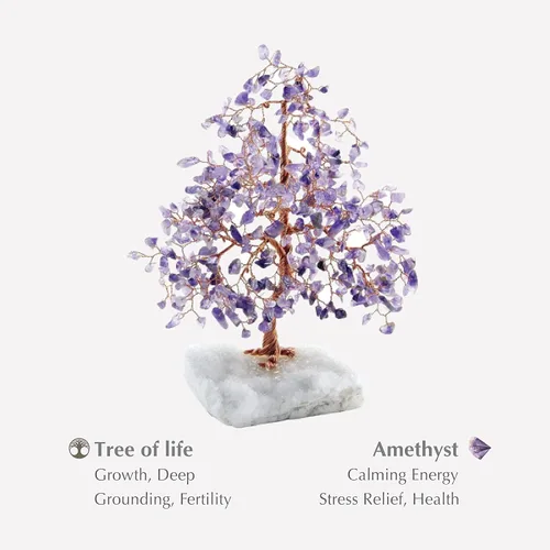 Miniatura 3 de KARMA AND LUCK Árbol de la vida de Feng Shui con base de cristal blanco Home D cor, hecho a mano en Bali, mediano 8 (amatista)