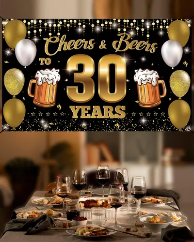 Miniatura 3 de Cartel de fondo de "Cheers & Beers to 30 Years", decoraciones de feliz cumpleaños 30 para hombres y mujeres, decoración de 30 aniversario