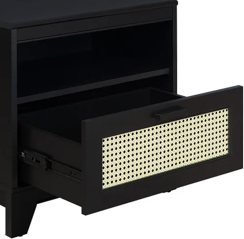 Miniatura 6 de Manhattan Comfort Sheridan Mesita de noche de caña con cajón de extensión completa y estante abierto, mesa auxiliar moderna de mediados de siglo