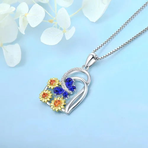 Miniatura 3 de FJ Collar de corazón de plata maciza con collar de girasoles con piedra de nacimiento de animales de mariposa