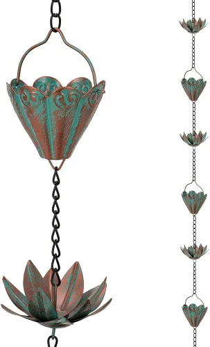 Miniatura 14 de Cadena de lluvia de 10.2 pies para exterior, cadena de lluvia de loto con 16 copas, cadena de captura de lluvia ajustable para exteriores, bajante