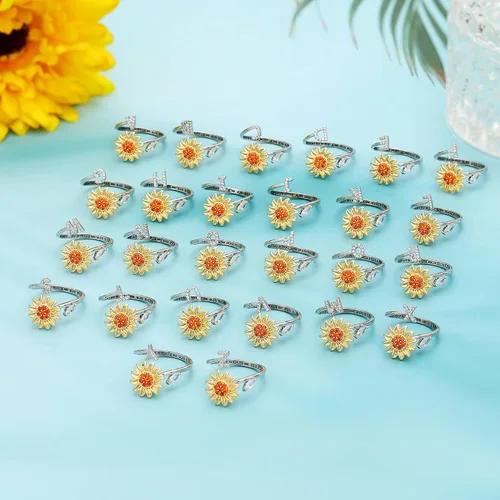 Miniatura 6 de Anillos antiestrés para aliviar la ansiedad Anillo giratorio de letra inicial de girasol, anillo abierto ajustable con diseño de circonita cúbica