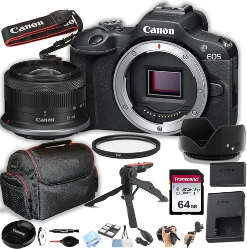 Canon Cámara sin espejo EOS R100 con lente de 0.709-1.772 in + tarjeta de memoria de 64 GB, funda, capó, Grip-Pod, filtro de fotos profesional