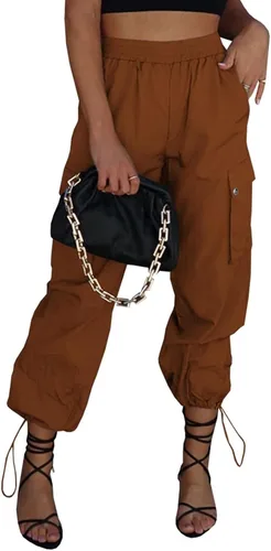Miniatura 13 de Pantalones de paracaídas para mujer, cintura alta elástica, pantalones cargo Y2K holgados con 4 bolsillos