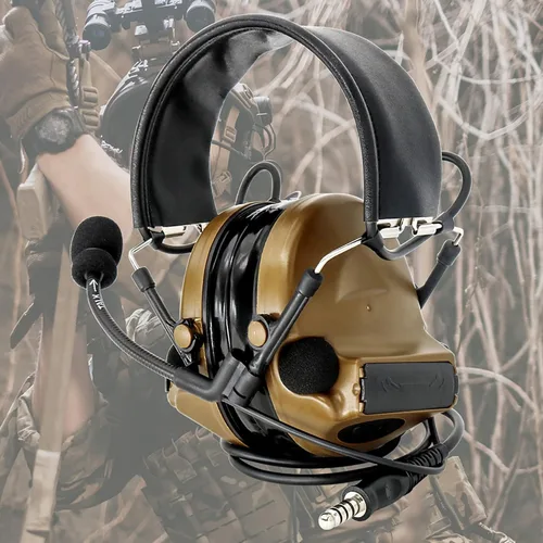 Miniatura 6 de Auriculares tácticos Hearangel, reducción de ruido con captación de sonido y PTT Ken de 2 pines para actividades de airsoft Marrón coyote