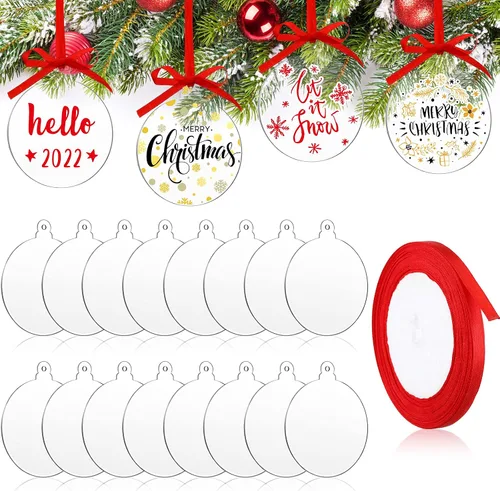 Blulu 42 piezas de adornos acrílicos en blanco, adornos redondos transparentes, guirnalda plana de Navidad, adorno colgante con agujero y cinta,