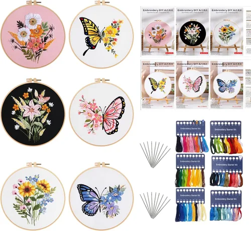 GLTAYLMY Kit de bordado con patrón de mariposa para adultos principiantes, kits de punto de cruz con 1 aro de bordado de plástico, agujas e hilos de