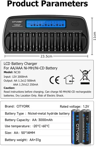 Miniatura 9 de CITYORK - Baterías AA recargables con cargador, paquete de 12 baterías de 3000 mAh doble A Ni-MH de baja autodescarga con cargador LCD de 12 bahías