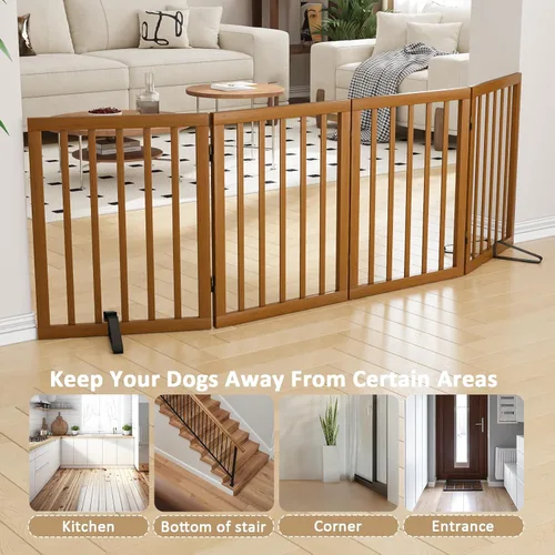 Miniatura 3 de Puerta independiente para mascotas, plegable, de 4 paneles, puerta de nogal para perros, para escaleras, puertas de casa, interiores