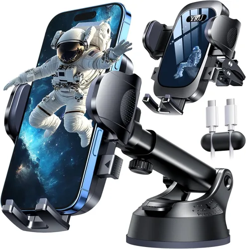 YRU [True Upgrade for Safety Car Phone Holder Mount [Patent & Military-Grade] Dashboard Cell Phone Holder for Car Vent Windshield Phone Stand for