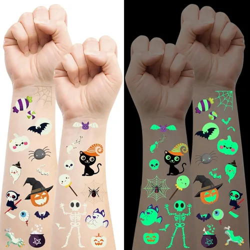 216 tatuajes temporales brillantes de Halloween para niños, bolsas de regalo, premios y recuerdos de fiesta