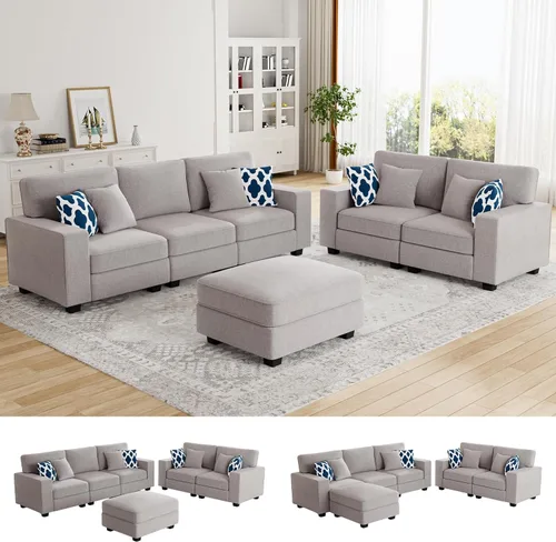 Miniatura 15 de Legend Vansen - Sofá modular seccional en forma de U con otomano, moderno, reversible, de esquina, para sala de estar (Créma, Sofá en forma de U-3)