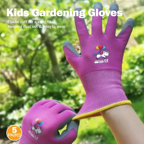 Miniatura 5 de KDK 5 pares de guantes de jardinería para niños, guantes de trabajo para el patio, guantes de trabajo para niños, guantes de seguridad suave