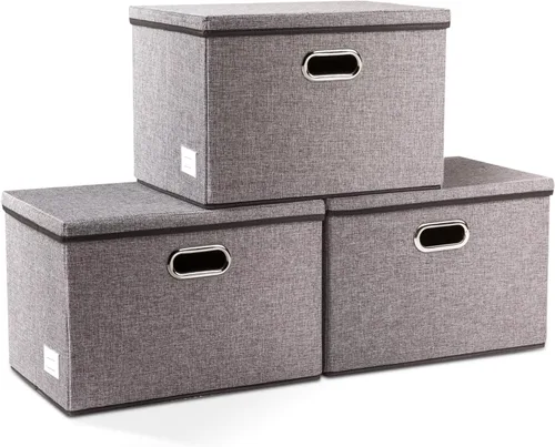 Miniatura 46 de PRANDOM Contenedor de almacenamiento plegable con tapa [1 unidad] Caja de almacenamiento decorativa de tela de lino, cesta organizadora con asas