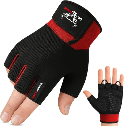 Miniatura 11 de BEAST RAGE Guantes de entrenamiento para hombres, guantes de gimnasio duraderos con agarre de palma para mujeres, medio dedo, elástico
