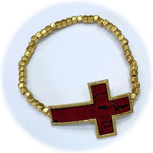 Pulsera elástica con dije de cuentas de color dorado mate con forma de cruz de corcho, color burdeos, para mujer, TR-3355LP