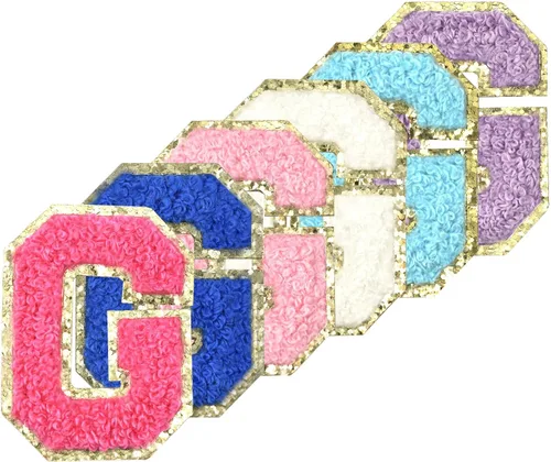 Miniatura 14 de 6 piezas de parches de letras de chenilla autoadhesivas con purpurina para planchar, parches de letras universitarias estilo preppy, letras difusas