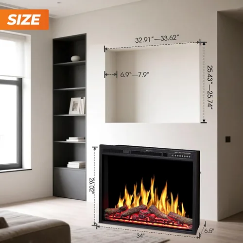 Miniatura 5 de Inserto de chimenea eléctrica de 34 pulgadas, llama intercambiable ajustable y colores de troncos, velocidad y brillo de llama variables, control